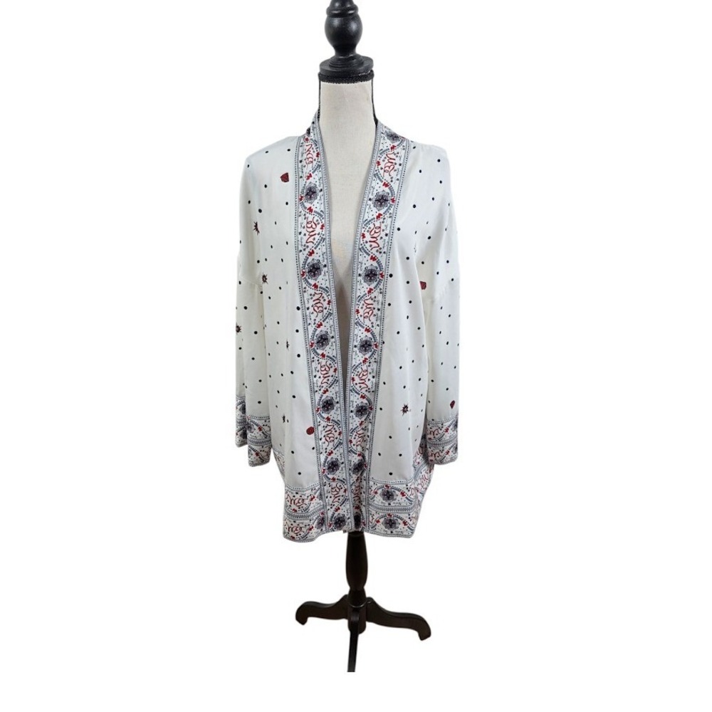 Badgley Mischka Kimono Wrap Women M White Polka Dot Boho Border Open Front